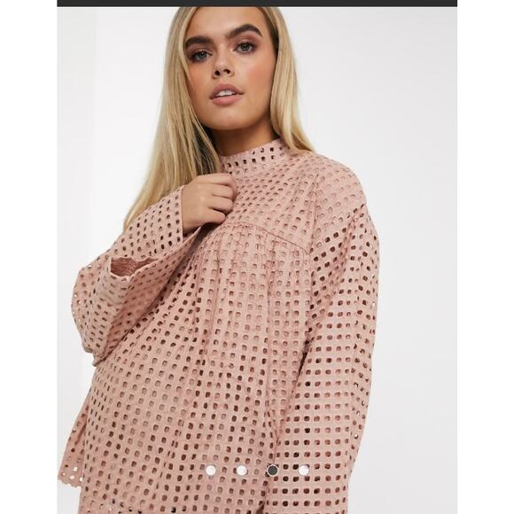 EUC ASOS maternity long sleeve smock top w/high neck & grid check broderie sz:10 - Picture 3 of 11